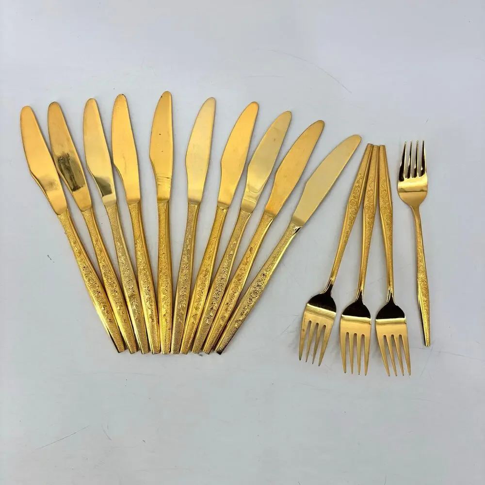 Golden Bouquet 14 Pcs Gold Tone Flatware Hollywood Regency Gold